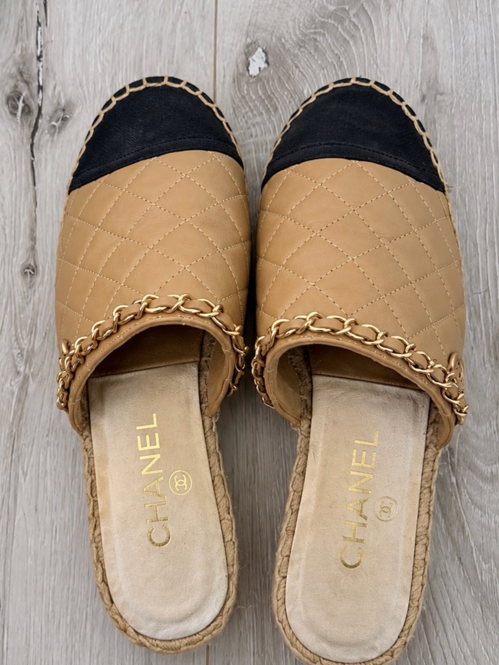 Chanel Quilted Tan and Black Espadrille Mules with Chain Trim